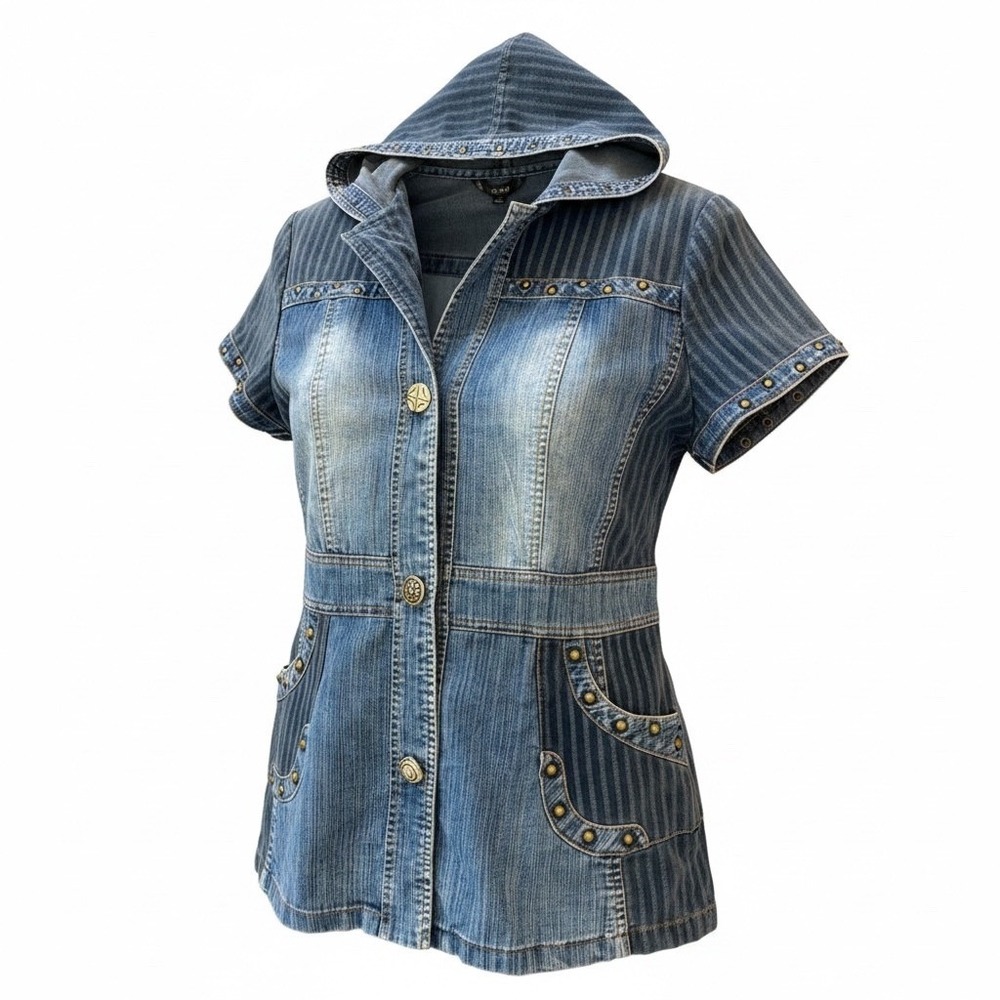 Shufa Blue Denim Striped Corduroy Studded Hooded Short Sleeve Jacket Size 42 - Picture 2 of 16